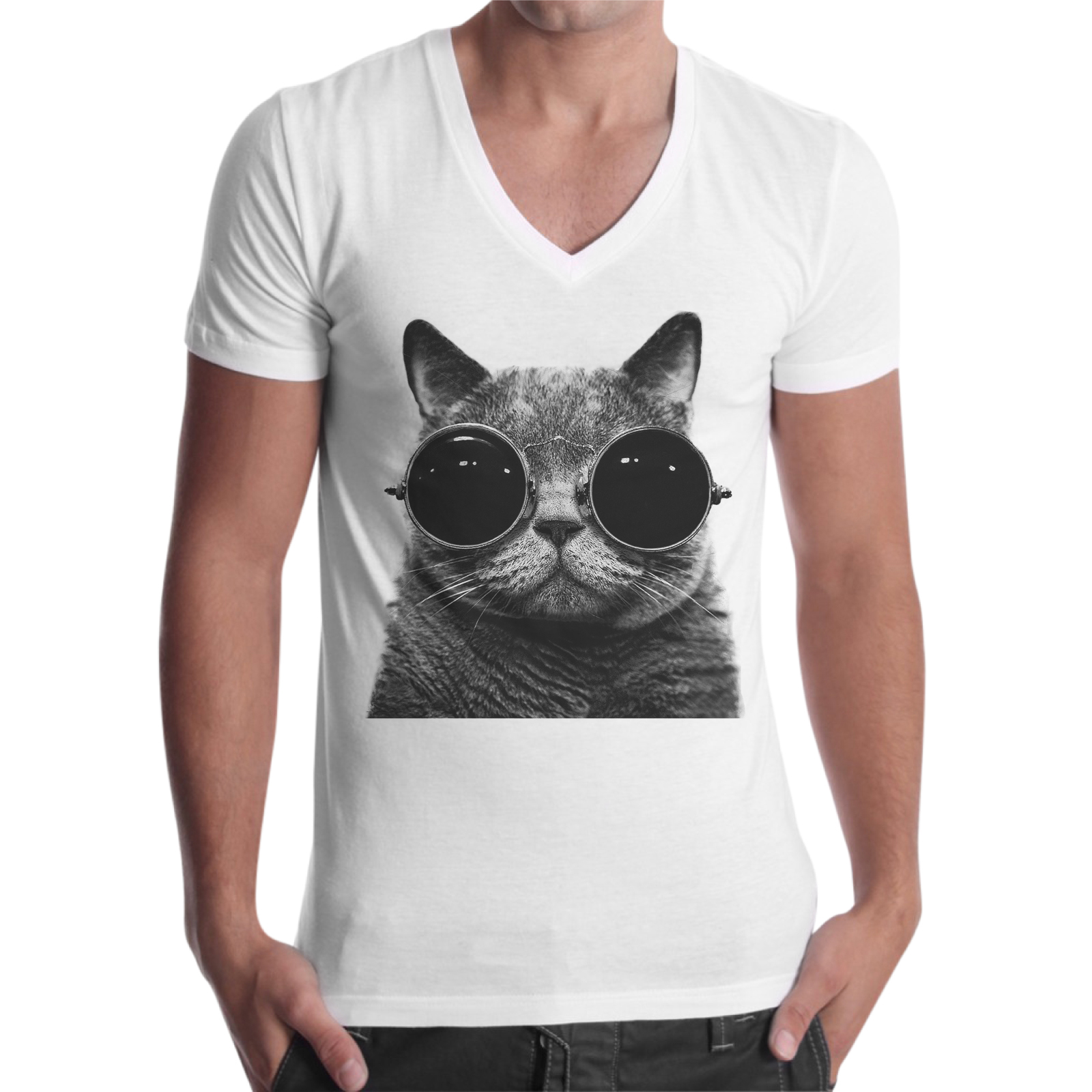 T-Shirt Uomo Scollo V GATTO OCCHIALI